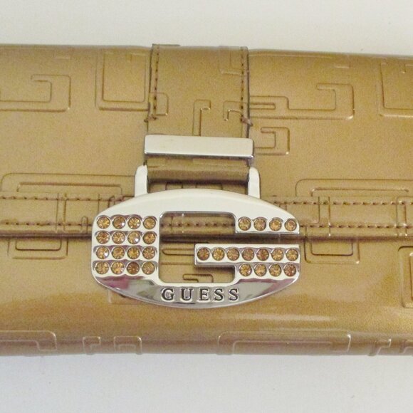 Guess Women's Tri-Fold Checkbook Wallet, Logo World SLG, Gold, G w/Rhinestones - Picture 1 of 12